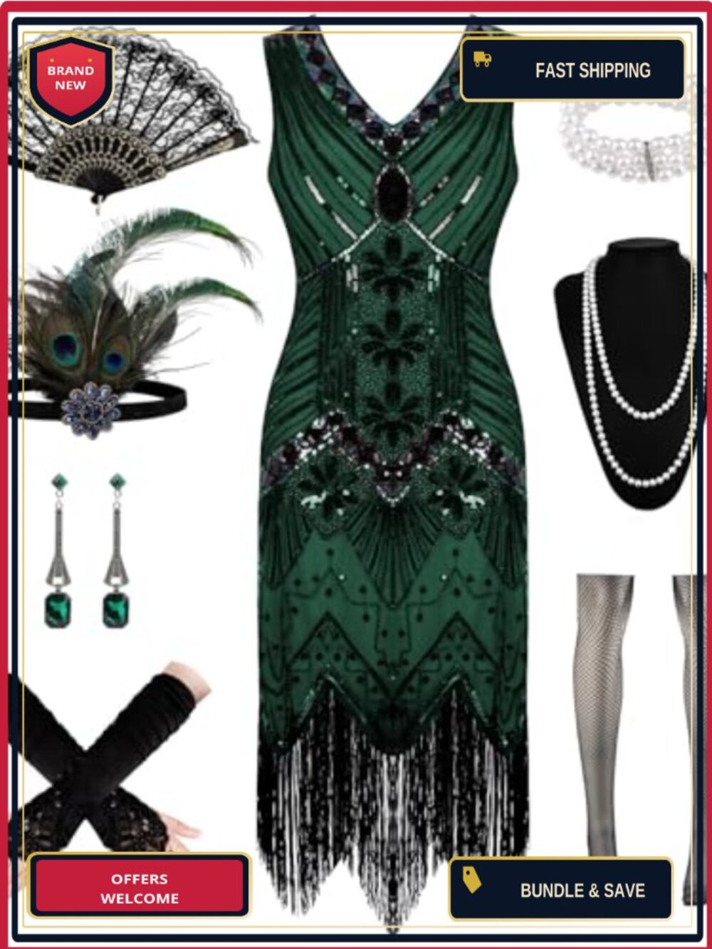 1920s Flapper Dress Set Sequin Fringe Lace Fan Feather Headband Satin Glove